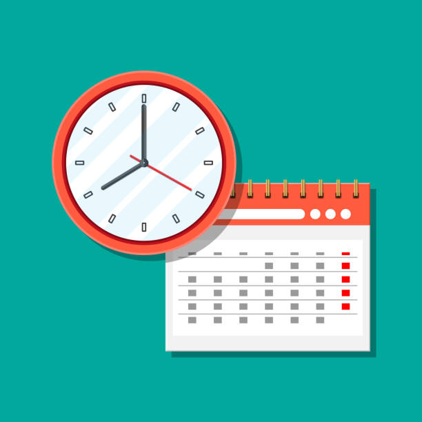 종이 나선형 벽 달력 및 시계 - calendar personal organizer clock diary stock illustrations