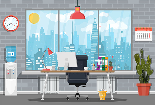 Office building interior. Desk with computer, chair, lamp, books and document papers. Water cooler, tree, clocks, window and cityscape. Modern business workplace. Vector illustration in flat style