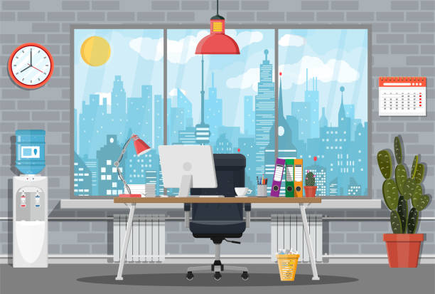 Office building interior. Office building interior. Desk with computer, chair, lamp, books and document papers. Water cooler, tree, clocks, window and cityscape. Modern business workplace. Vector illustration in flat style wall calendar stock illustrations