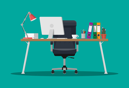Office desk with computer, chair, lamp, coffee cup, cactus and document papers. Modern business workplace. Vector illustration in flat style