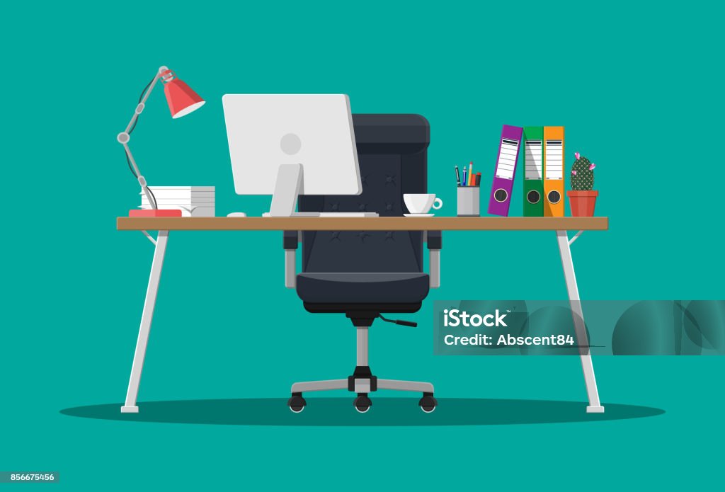 Office desk with computer Office desk with computer, chair, lamp, coffee cup, cactus and document papers. Modern business workplace. Vector illustration in flat style Desk stock vector