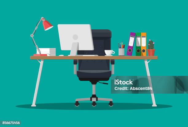 Office Desk With Computer Stock Illustration - Download Image Now - Desk, Office, Computer
