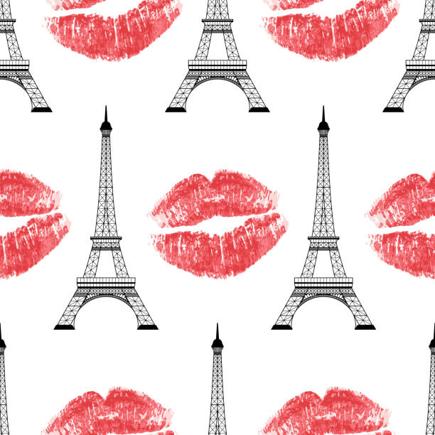 Seamless of Eiffel tower Seamless of Eiffel tower and kisses on white background. Vector illustration paris red lips stock illustrations
