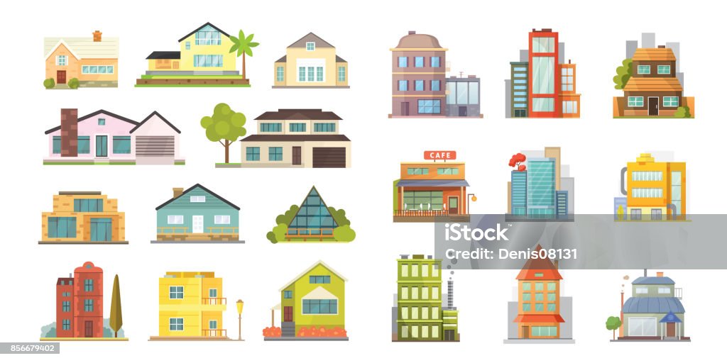 Cottage and assorted real estate building icons. Residential house collection in new cartoon style Building Exterior stock vector