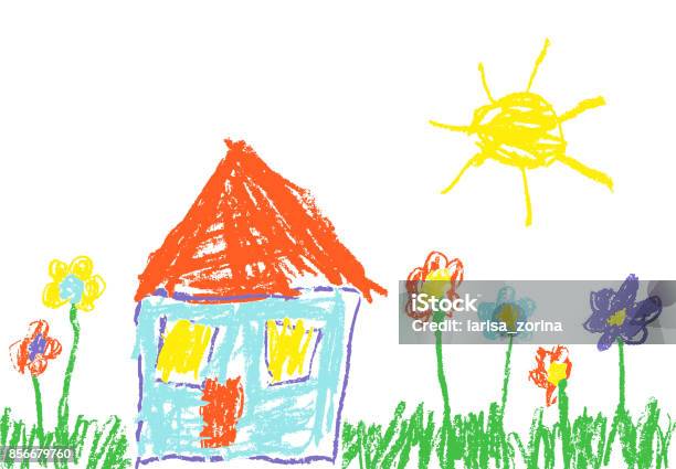 Wax Crayon Like Childs Hand Drawn House Grass Colorful Flowers And Sun Stock Illustration - Download Image Now