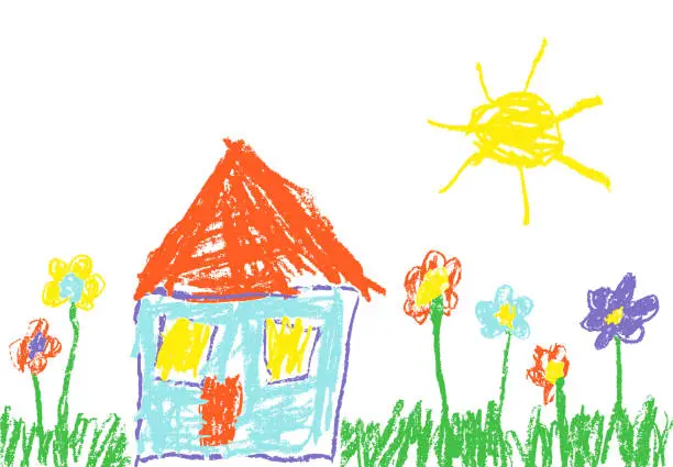 Vector illustration of Wax crayon like child`s hand drawn house, grass, colorful flowers and sun.
