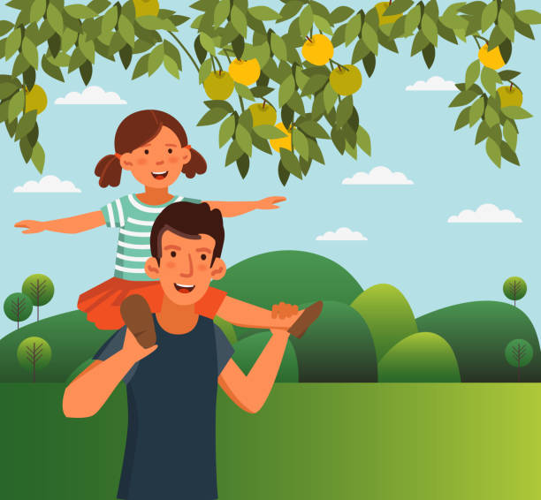 Dad and his daughter, having fun. Happy family vector concept. Cute girl sits on the shoulders of her father. Summer landscape background Dad and his daughter, having fun. Happy family vector concept. Cute girl sits on the shoulders of her father. Summer landscape background farmer son stock illustrations