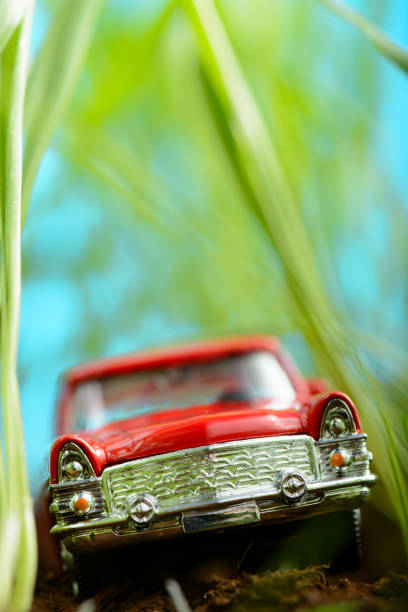 istock Red vintage car model among green grass 856696562