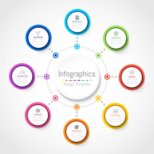 infographic 디자인 요소 8 옵션, 부품, 단계, 일정 또는 프로세스, 비즈니스 데이터에 대 한 개념 둥근 원형. 벡터 일러스트입니다. - 8 9 살 stock illustrations