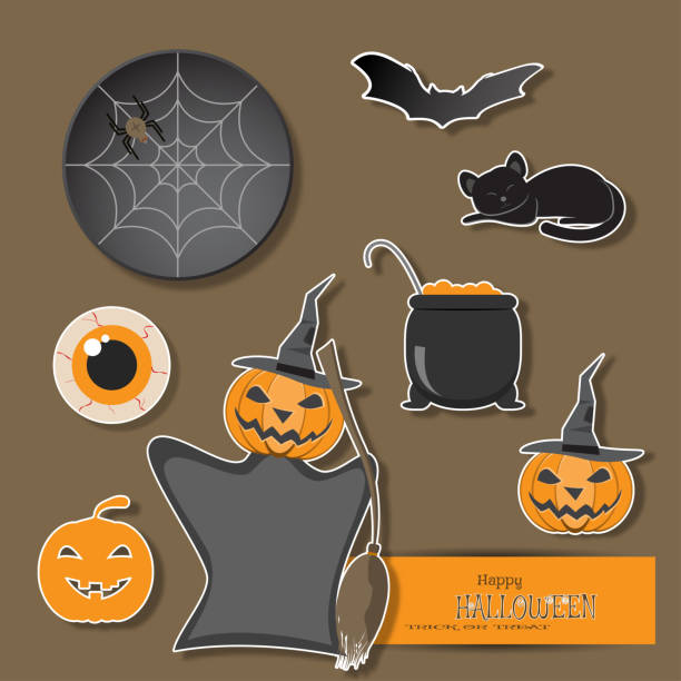 векторный набор объектов хэллоуина вырезан из бумаги на коричневом фоне с тенью. - kitchen utensil gourd pumpkin magical equipment stock illustrations