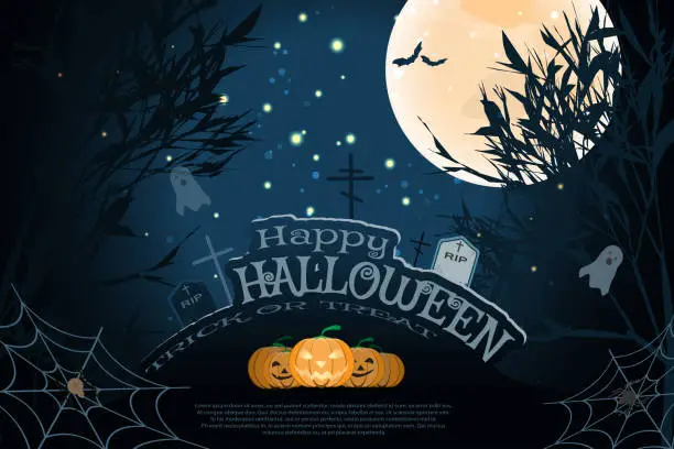 Vector illustration of Vector wide poster for Halloween with full moon, silhouettes of trees, flock of bats, headstones, grave crosses, ghosts, group of pumpkins, spider net on the gradient dark blue background.