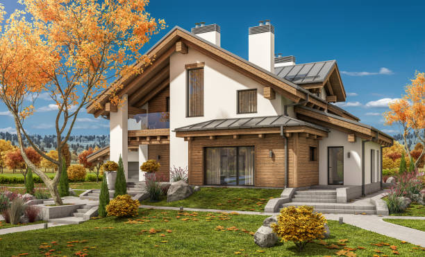istock 3d rendering of modern cozy house in chalet style 856708042