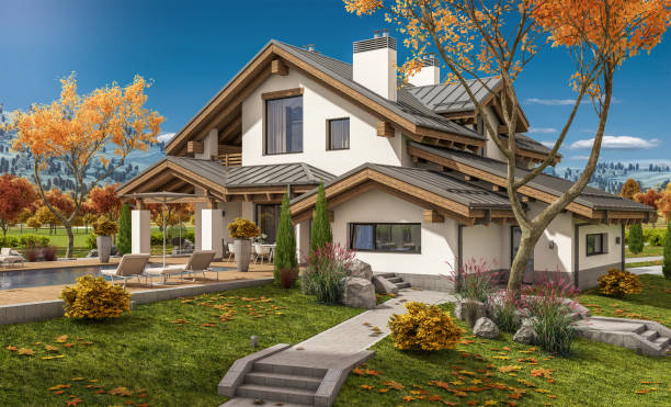 istock 3d rendering of modern cozy house in chalet style 856708176