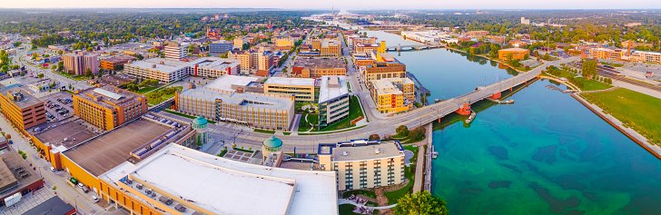 Panoramic aerial view of downtown Green Bay, Wisconsin, Fox River.