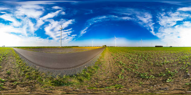 360 degrees spherical panoramic shot of wind turbines in a rural landscape