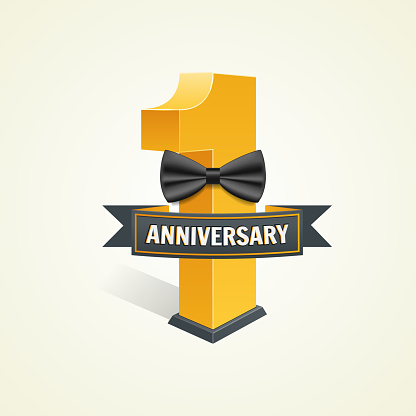 1 year of wedding, birthday company Vector illustration number one with bow
