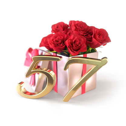 birthday concept with red roses in gift isolated on white background. 3D render - fifty-seventh birthday. 57th