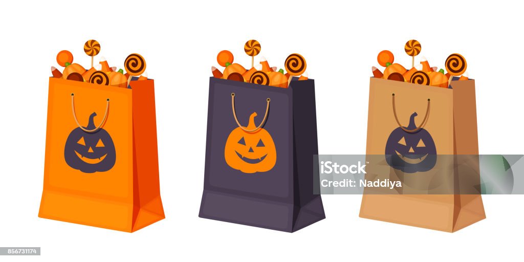 Bolsas de papel de Halloween con caramelos. Ilustración de vector. - arte vectorial de Halloween libre de derechos