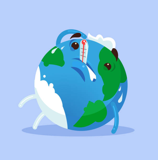 Unhappy tired ill planet Earth character. Global warming concept Unhappy tired ill planet Earth character. Global warming concept. Vector flat cartoon illustration horror world stock illustrations