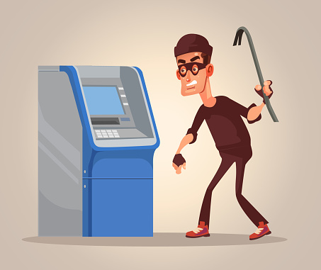 Thief man character steals money from ATM. Vector flat cartoon illustration