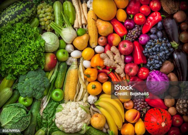 Fruits And Vegetables Large Overhead Colorful Mix Green To Red Stock Photo - Download Image Now