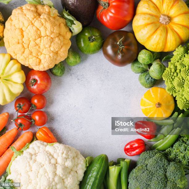 Top View Of Rainbow Vegetables Autumn Harvest Stock Photo - Download Image Now - Autumn, Avocado, Broccoli