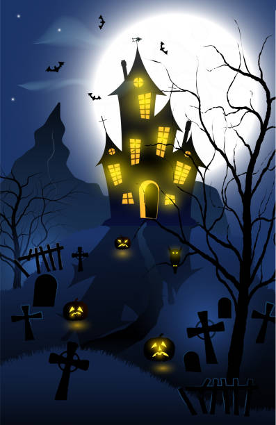 istock Halloween background with haunted house, tombs, forest and full moon 856760158