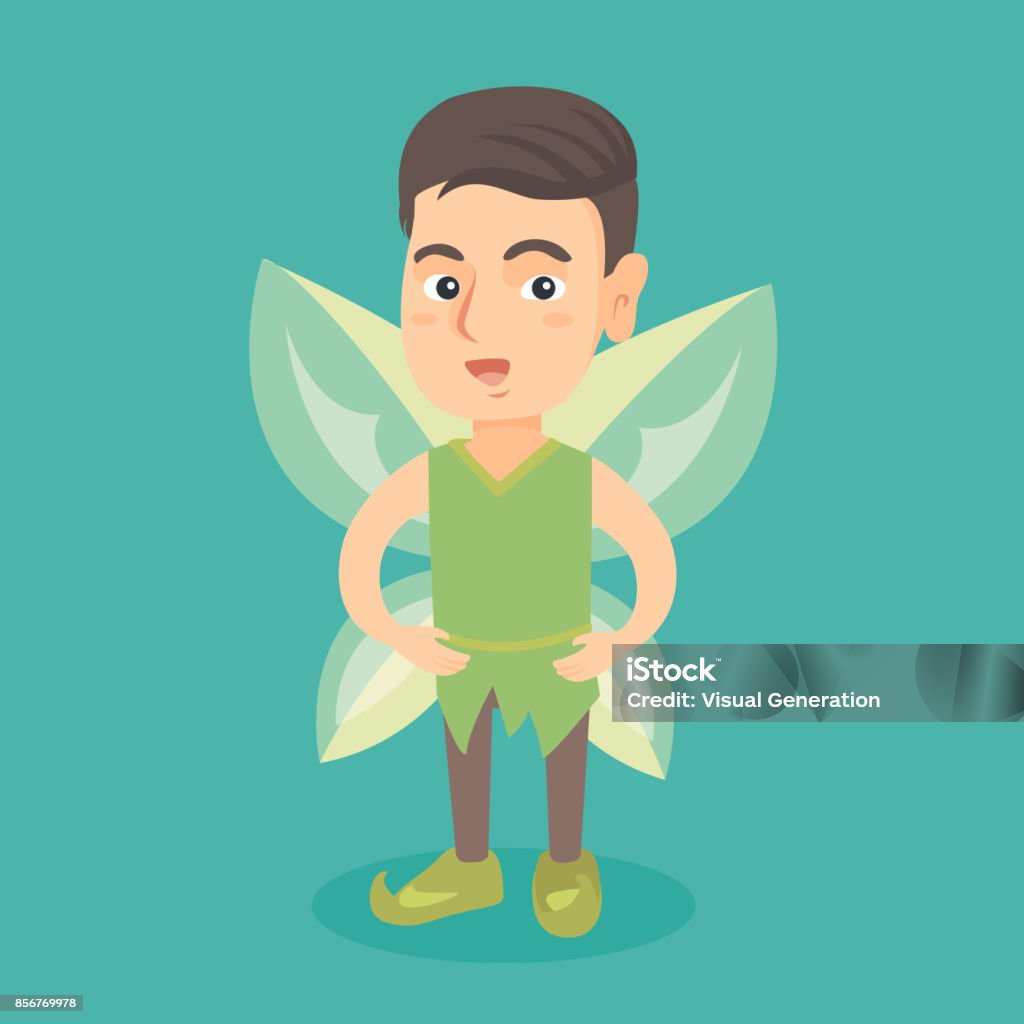 Caucasian fairy boy with green butterfly wings Little caucasian fairy boy with green butterfly wings. Boy dressed in the costume of fairy. Kid wearing elf or fairy suit. Vector cartoon illustration. Square layout. Animal Body Part stock vector