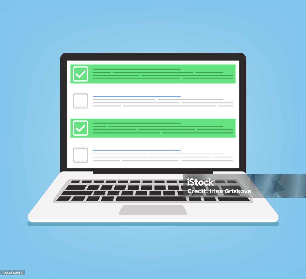 Portátil y casillas de verificación con la marca de verificación. Concepto de lista de verificación - arte vectorial de Ordenador portátil libre de derechos