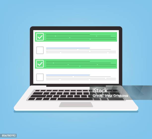 Laptop And Checkboxes With Check Mark Checklist Concept Stock Illustration - Download Image Now