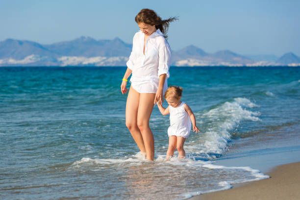 istock Mother and daughter walking on the beach 856783022