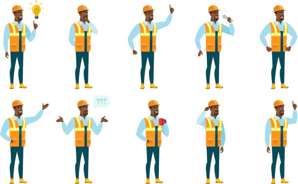Vector set of builder characters African-american builder thinking. Full length of thinking builder with hand on chin. Builder thinking and looking to the side. Set of vector flat design illustrations isolated on white background. building contractor illustrations stock illustrations