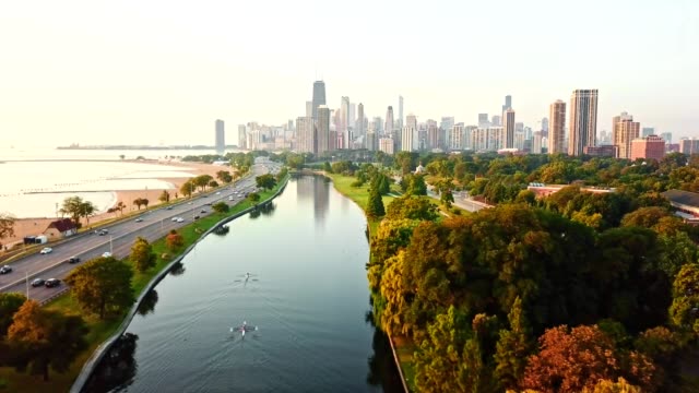 chicago aerial view over the lake