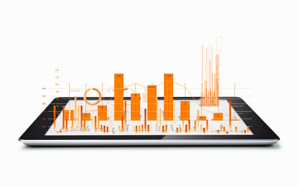 finanzielle diagramme und charts von einem digitalen tablet projiziert wird - orange farbe grafiken stock-fotos und bilder