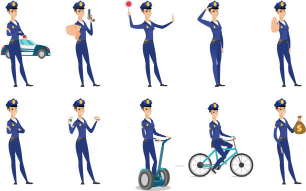 Vector set of police woman characters Young police officer standing with arms crossed on the background of police car. Police officer standing in front of police car. Set of vector flat design illustrations isolated on white background. traffic police stock illustrations