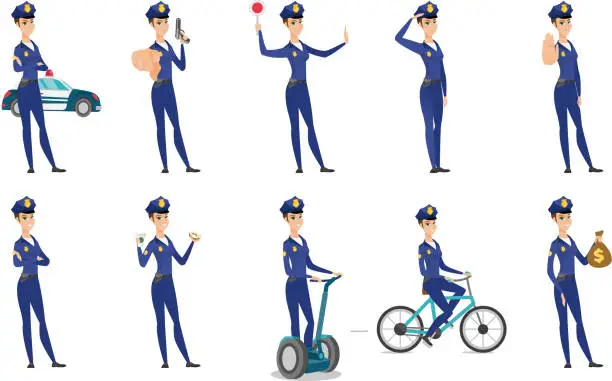 Vector illustration of Vector set of police woman characters