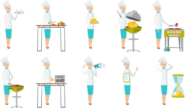 illustrazioni stock, clip art, cartoni animati e icone di tendenza di set di illustrazioni vettoriali dello chef caucasico senior - women meat working tray