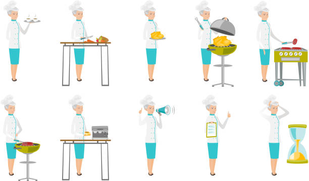 старший кавказский шеф-повар вектор иллюстрации набор - women meat working tray stock illustrations