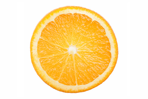 Ripe and juicy orange cross section. Close up. Top view. Isolated. White background. Fresh citrus fruit. Brilliant color. Sparse.