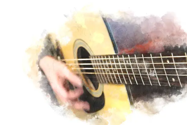 Photo of Abstract beautiful playing Guitarist in the foreground, Watercolor painting background and Digital illustration brush to art.