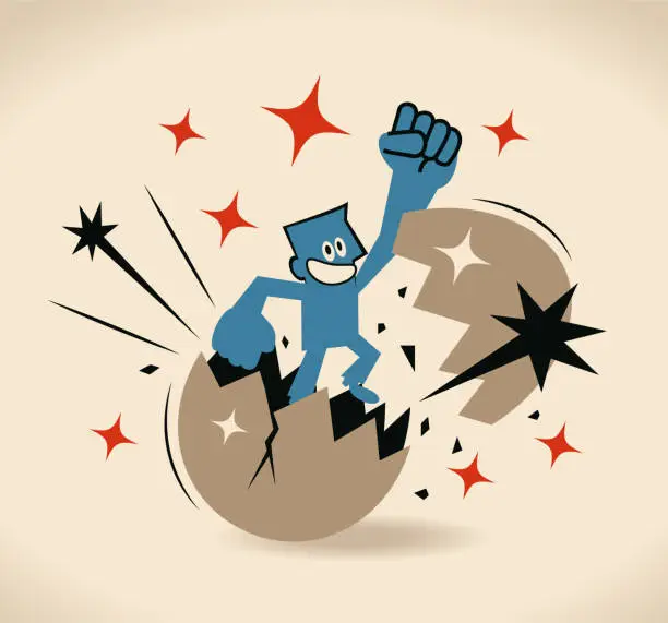 Vector illustration of Businessman breaking and jumping out of a giant egg shell with fist punching the air