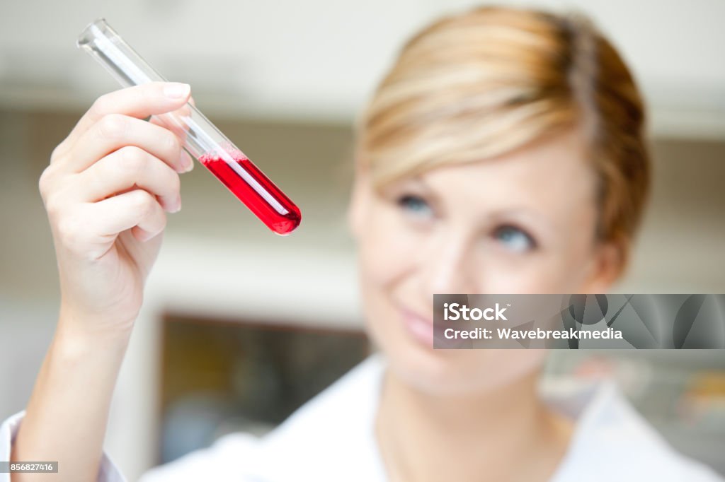 Close up of a female scientist looking at a test tube Close up of a female scientist looking at a test tube in her lab 20-29 Years Stock Photo