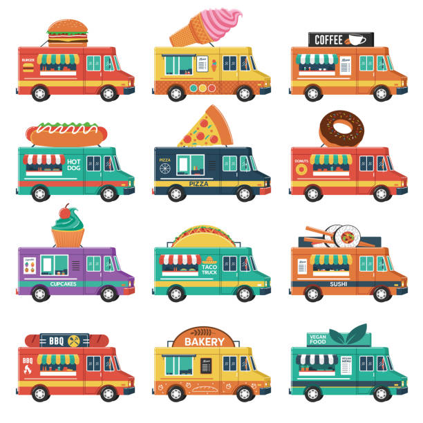 ilustrações de stock, clip art, desenhos animados e ícones de set of food trucks - sushi food vegetarian food japanese cuisine