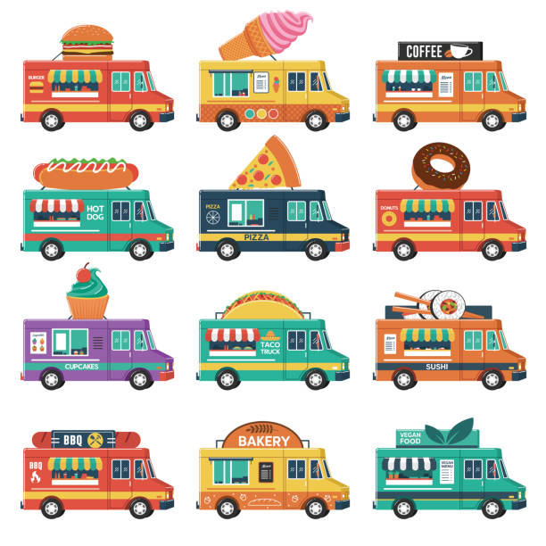 Set of Food Trucks Set of food trucks. Burger, ice cream, coffee, cakes, pizza, sushi, taco, donuts, vegan, etc indonesia street stock illustrations