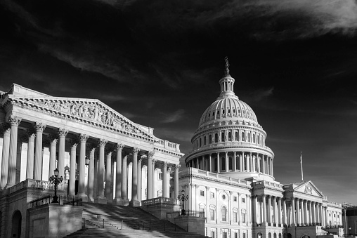 Monochrome image of US Capitol Building in Washington DC
