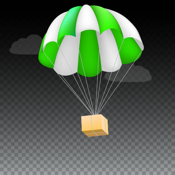 istock Icon of package flying on green parachute, isolated on transparent background. Air shipping, delivery service template, 3D illustration 856833868