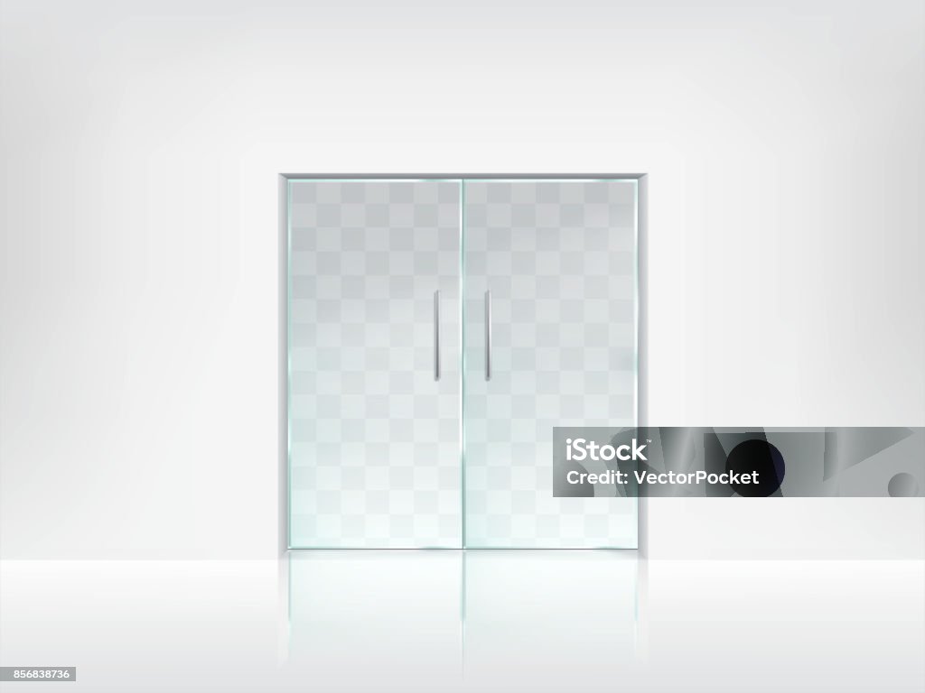 Double glass door transparent vector template Transparent double glass doors with handles on white wall and glossy floor realistic blank vector template. Office entrance, boutique facade, shop or store porch mockup. Modern interior design element Door stock vector