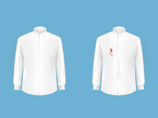 Clean and dirty shirt before after washing vector Pare of crumpled, contaminated with wine, blood or ketchup stain and ironed, clean white shirts realistic vector. Clothing before, after washing, stain removal concept for landry, dry-cleaning ad stain test stock illustrations