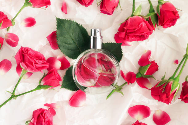istock Rose perfume bottle on wrapping paper 856838940