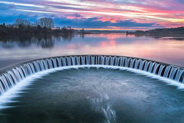 View over a Lippesee with dam Paderborn, North Rhine-Westphalia, Germany